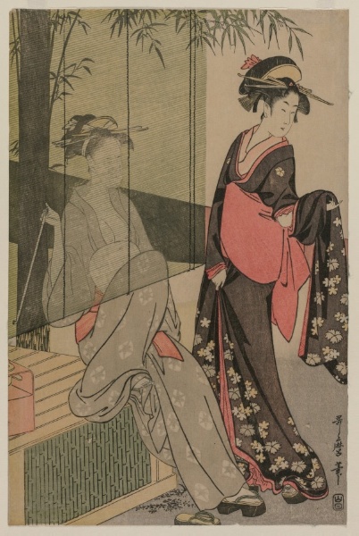 Two Women by a Bamboo Blind