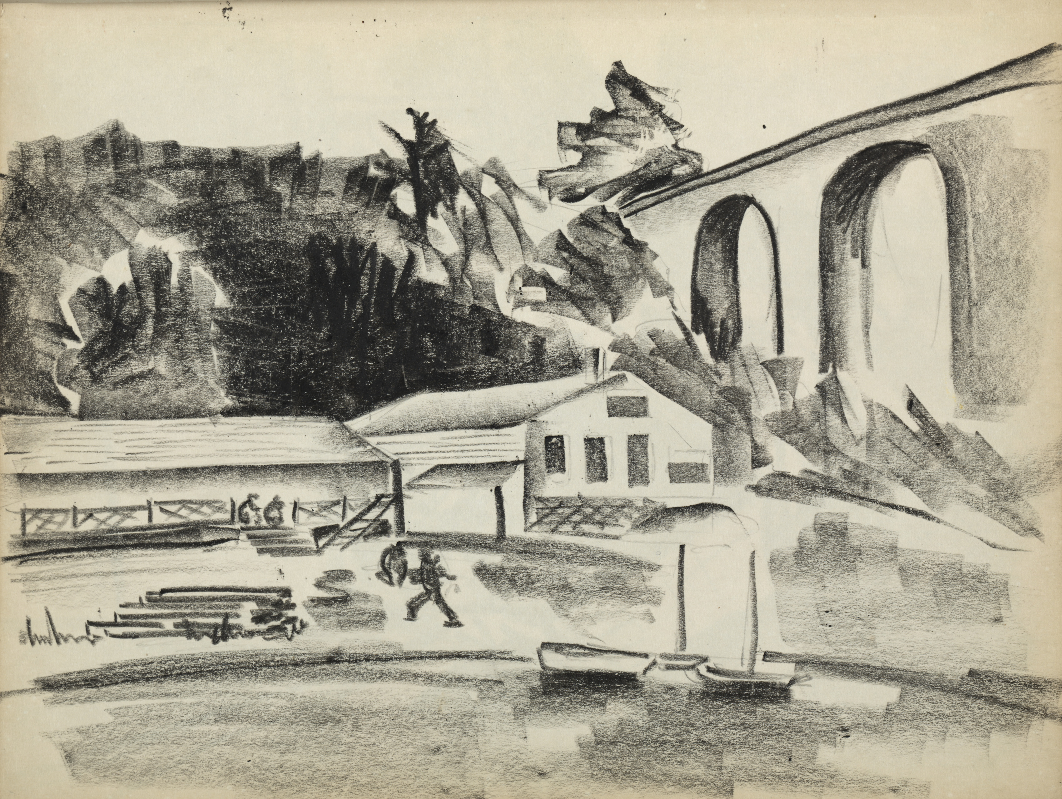 Sketchbook #1: Lumberyard and bridge (page 9)