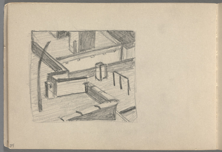 Sketchbook No. 10, page 34: Pencil drawing of rooftops, in borderline