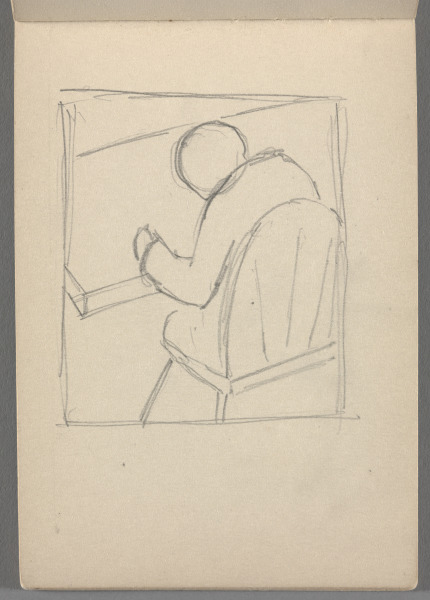Sketchbook No. 10, page 31: Pencil drawing of man at table, in borderline