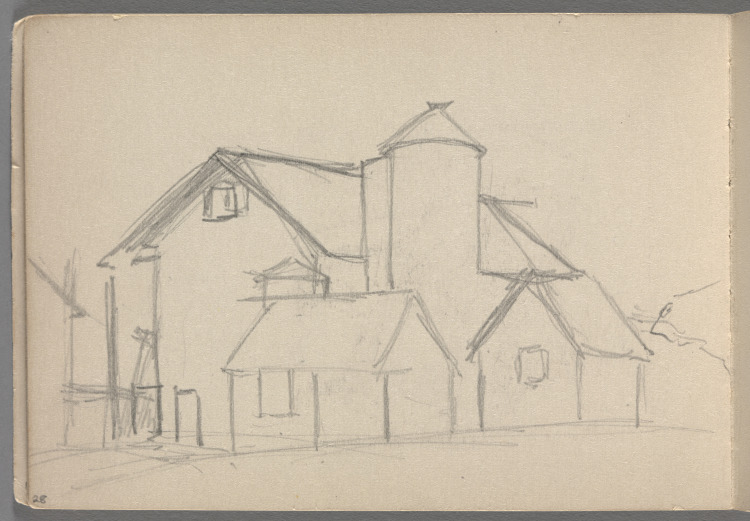 Sketchbook No. 10, page 28: Pencil drawing of a barn