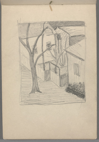 Sketchbook No. 10, page 33: Pencil drawing of shaded houses, tree, fence, in borderline