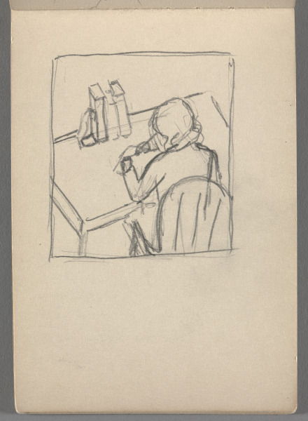 Sketchbook No. 10, page 29: Pencil drawing of woman writing at table, in borderline