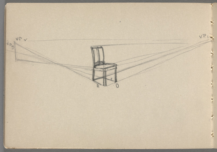 Sketchbook No. 10, page 21: Pencil drawing of chair showing lines of perspective