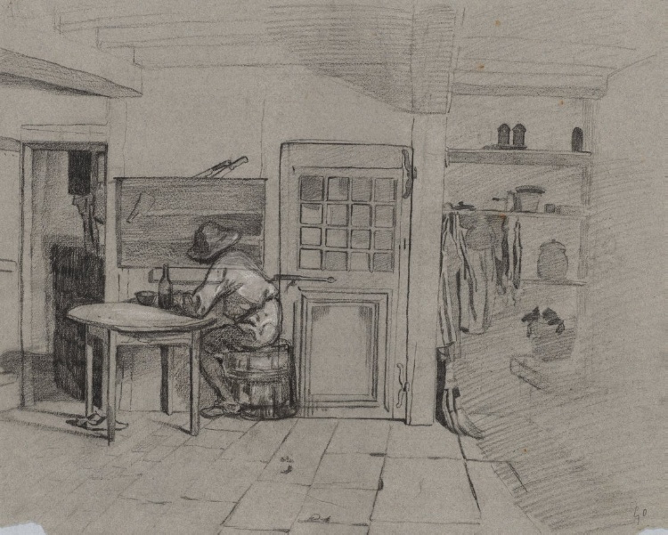 A Farmhouse Interior with a Boy at a Table