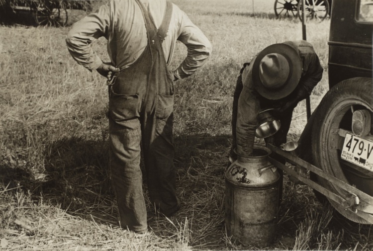 Member of threshing crew getting a drink, Central Ohio