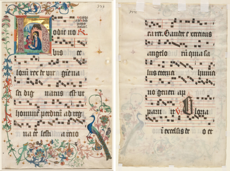 Leaf from an Antiphonary: Initial H with the Nativity (recto) and Text (verso)
