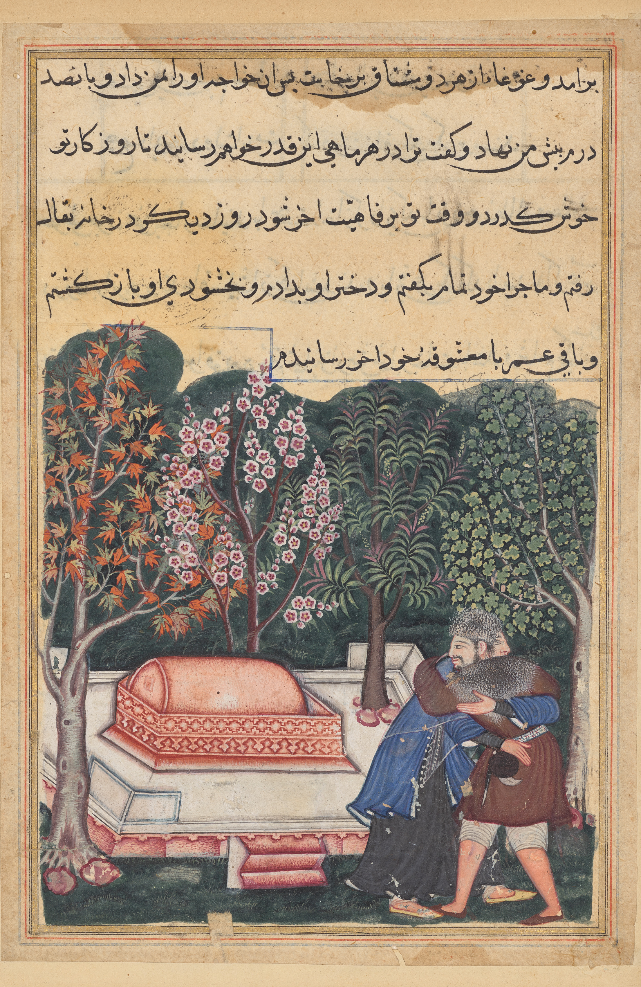 The young man of Baghdad reunited with his slave-girl, from a Tuti-nama (Tales of a Parrot): Forty-eighth Night