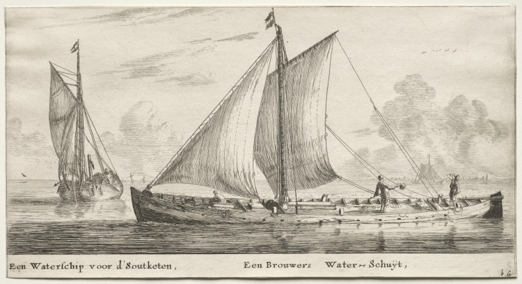 Various Ships and Views of Amsterdam (Verscheÿde Schepen en Gesichten van Amstelredam), Part II:  A Water-ship bound for the Soutketen.  A Brewer's Water-ship