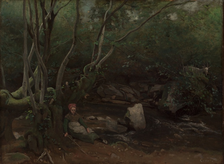 Lormes:  Goat-Girl Sitting Beside a Stream in a Forest