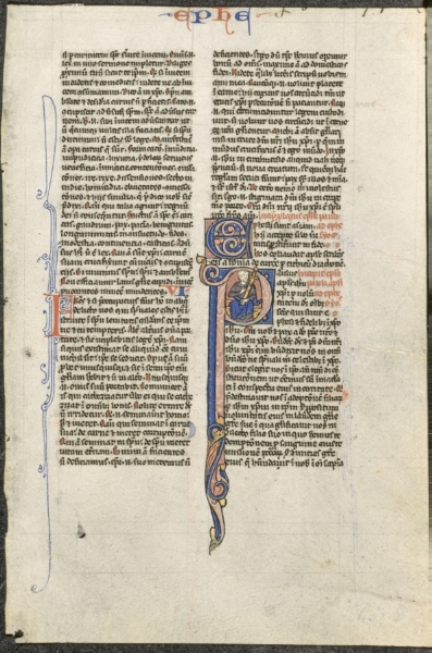 Leaf from a Latin Bible: Initial P with St. Paul Holding a Sword (St. Paul's Epistle to the Ephesians)
