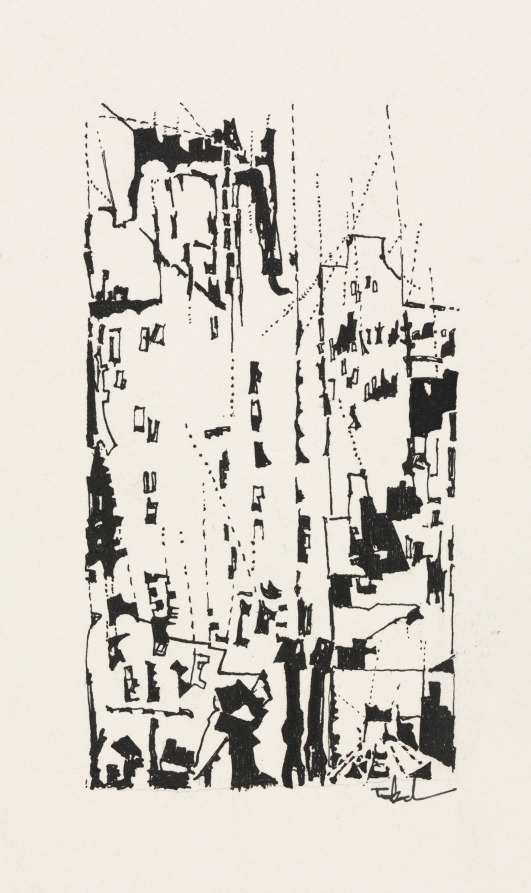 Drawing for label for "City Roofs", Peter Takal, 1957