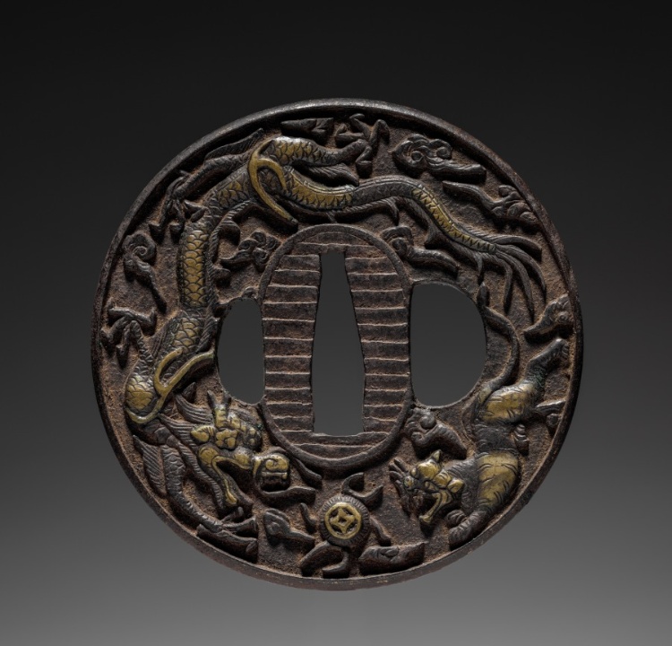 Sword Guard (Tsuba) with Dragons, Tiger, Fish, and Palace