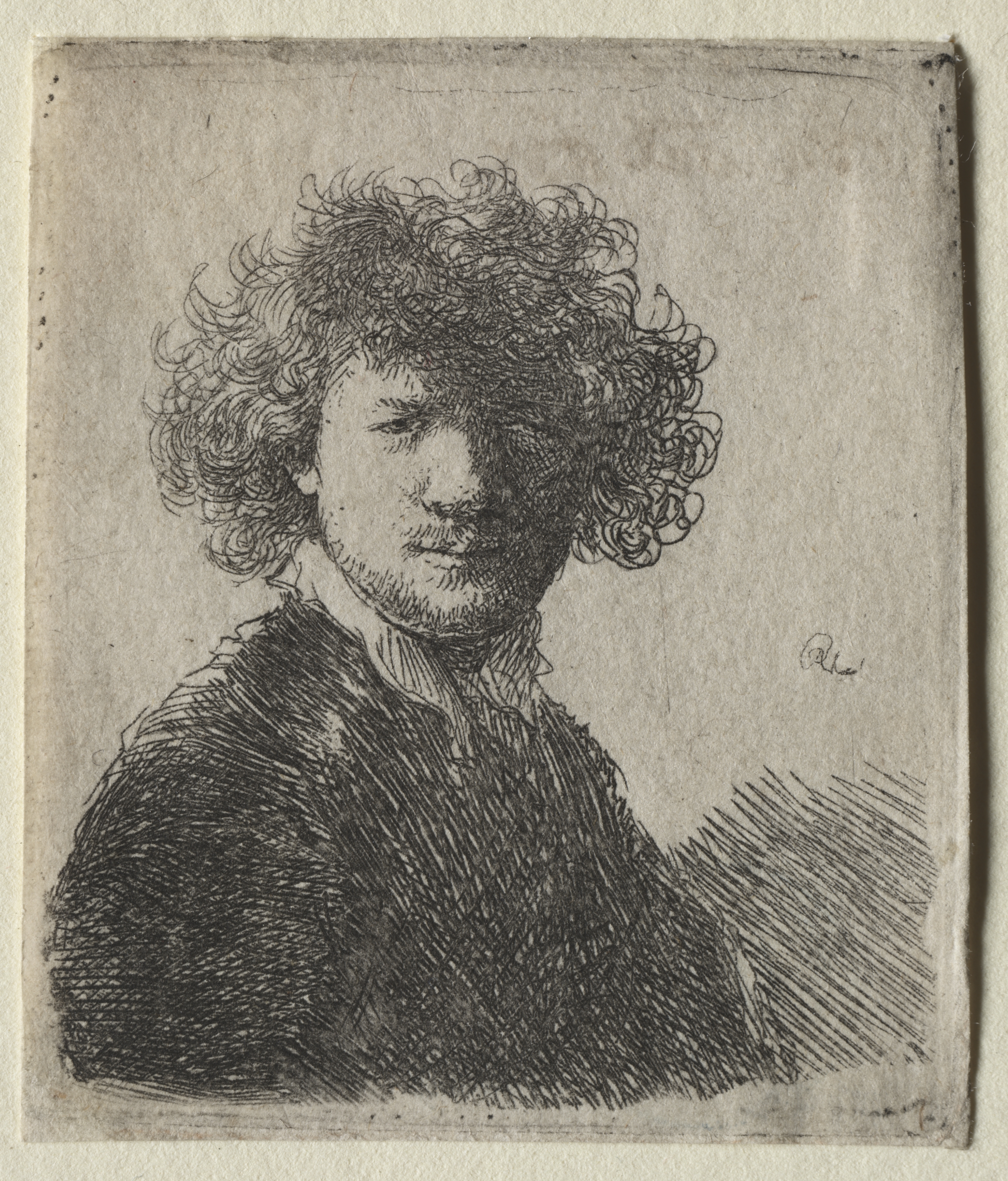 Self-Portrait with curly hair and white collar:  Bust