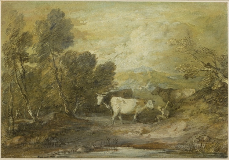 A Herdsman with Three Cows by an Upland Pool