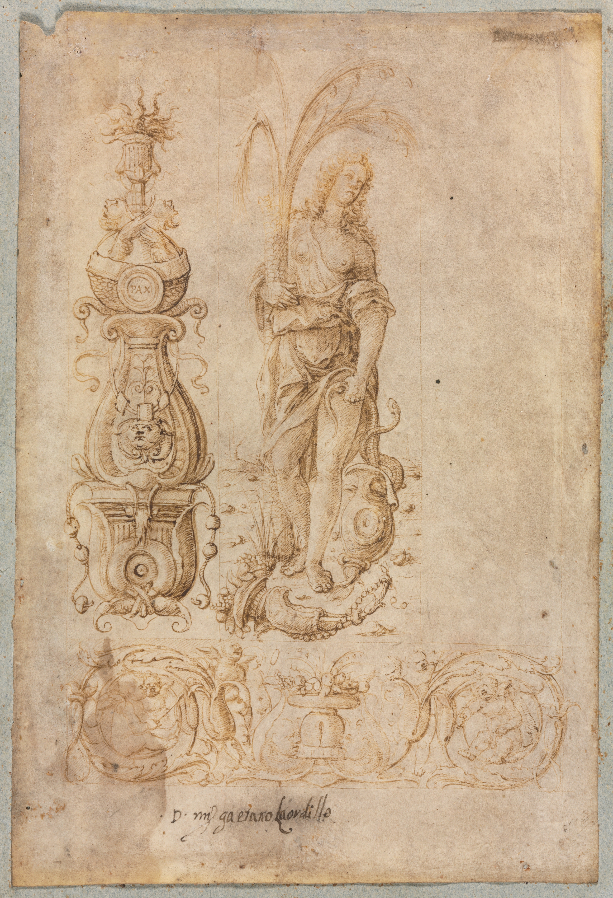 Design for a Candelabrum, Allegorical Figure of Abundance, Ornamental Relief Design