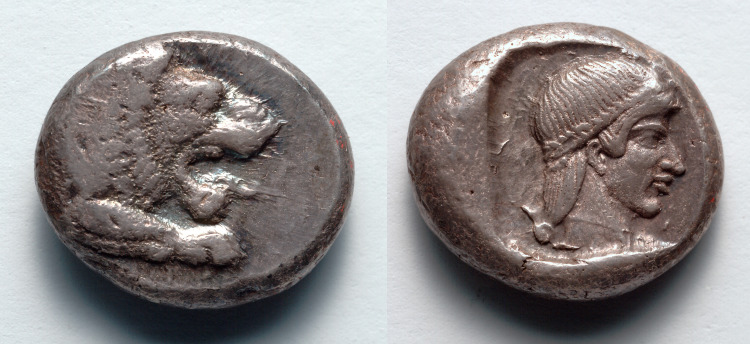 Drachm: Forepart of Lion (obverse); Head of Aphrodite (reverse)