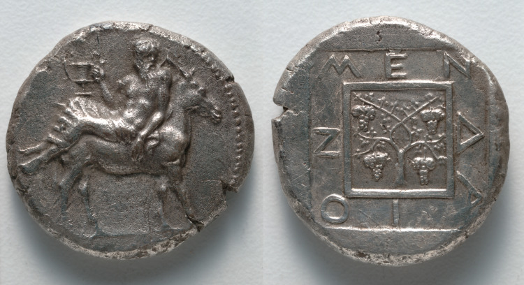 Tetradrachm: Dionysos on Donkey (obverse); Grapevine (reverse)
