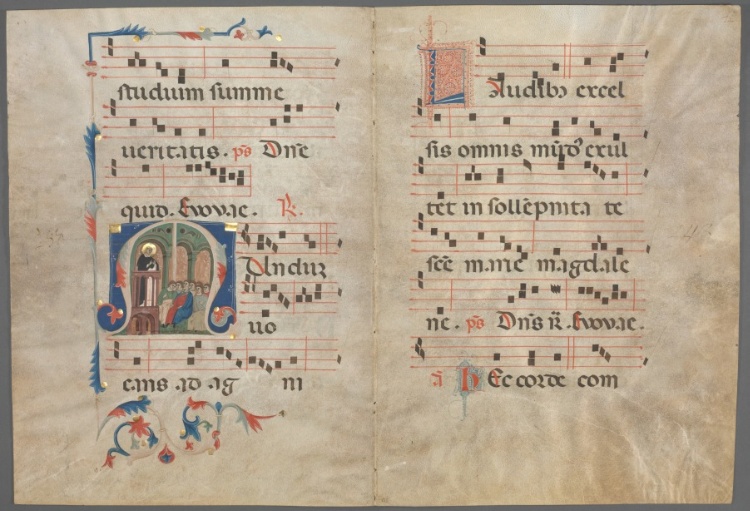 Bifolium from an Antiphonary: Initial M with Saint Dominic Preaching
