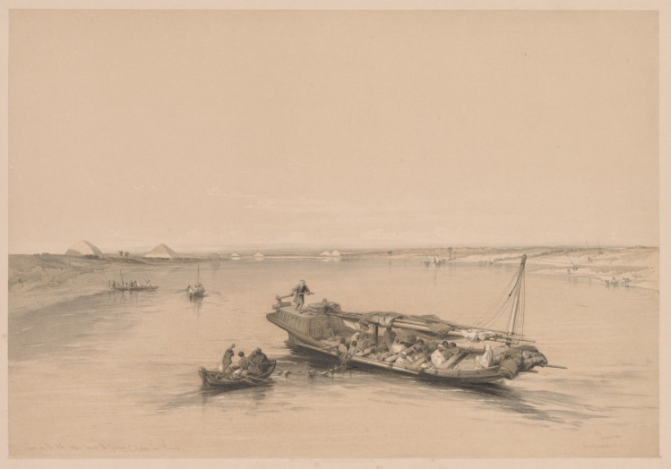 Egypt and Nubia:  Volume I - No. 4, Slave Boats on the Nile, View Looking Towards the Pyramids of Dashour and Saccara