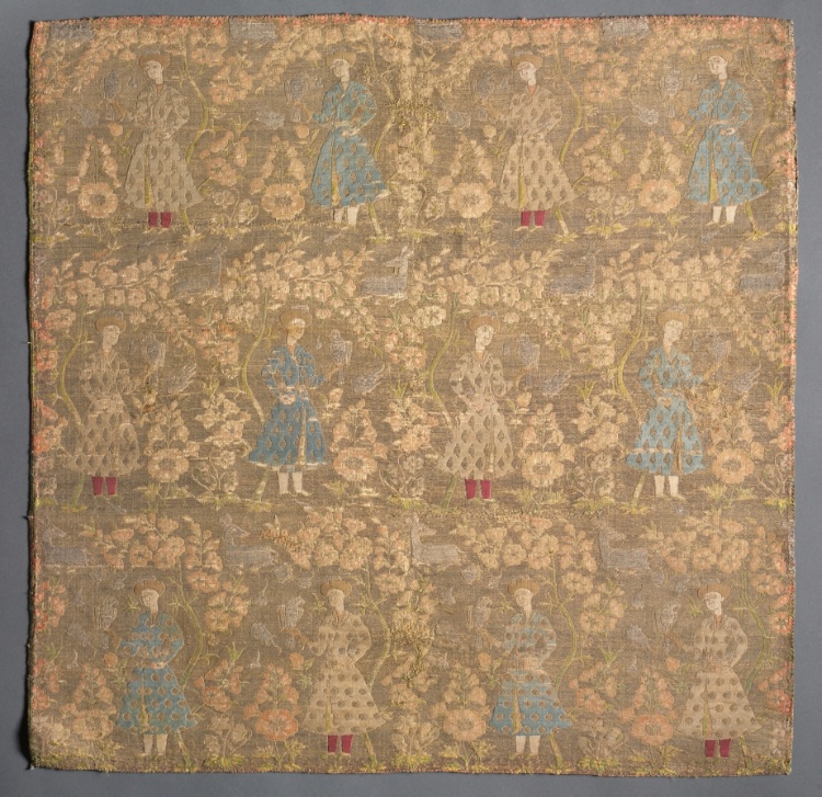 Section of Silk Fabric with Falconers Amid Rose Bushes