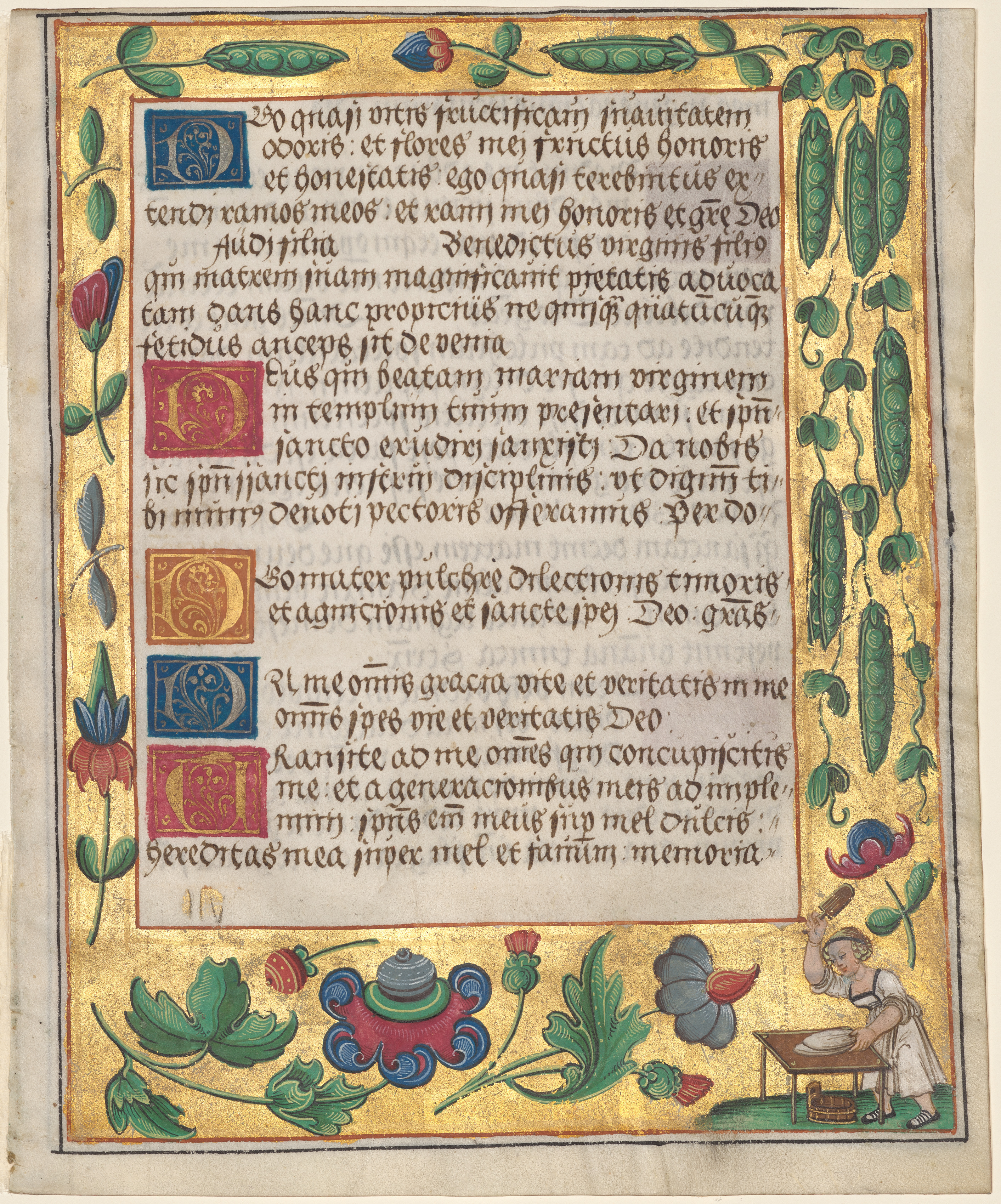 Leaf from a Psalter and Prayerbook: Ornamental Border with Pea Vines and a Girl Kneading Bread (recto)