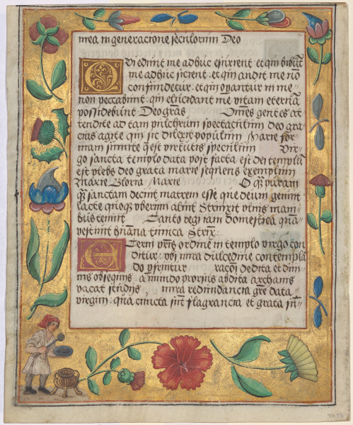 Leaf from a Psalter and Prayerbook: Ornamental Boarder with Carnations, a Thistle, and a Cook Ladling Soup (verso)