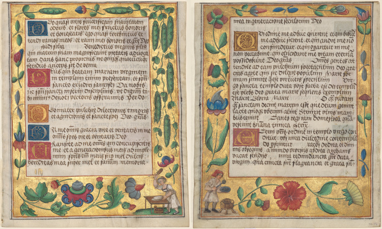 Leaf from a Psalter and Prayerbook: Ornamental Border with Pea Vines and a Girl Kneading Bread (recto) and Ornamental Boarder with Carnations, a Thistle, and a Cook Ladling Soup (verso) (1 of 3 Excised Leaves)