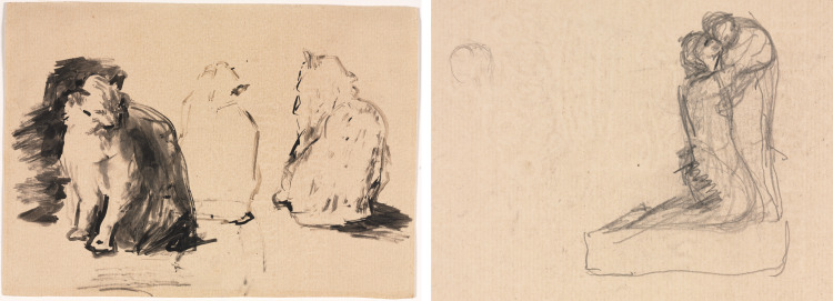 Cats (recto); Sketch of Two Figures Embracing (verso)
