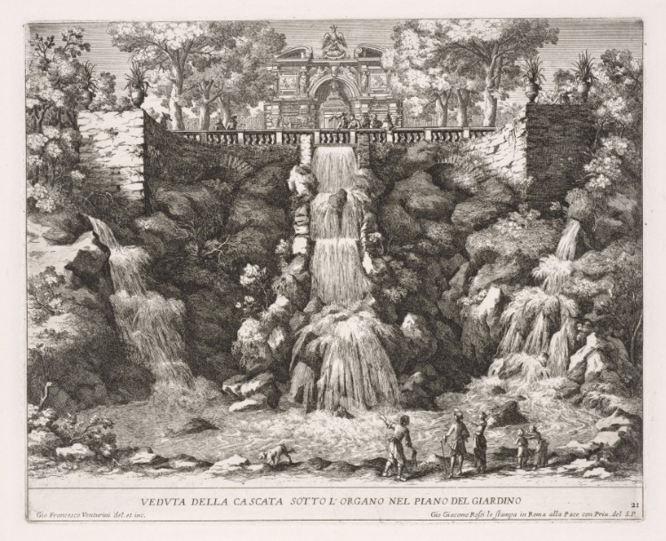 The Fountains of Rome (Le fontane di Roma), Book IV, plate 21: View of the Cascade below the Organ from the Garden (Veduta della Cascata Sotto L'Organo nel Piano del Giardino)