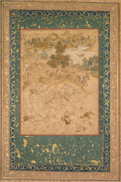 Akbar supervising the capture of wild elephants at Malwa in 1564, painting 90 from an Akbar-nama (Book of Akbar) of Abu’l Fazl (Indian 1551–1602)
