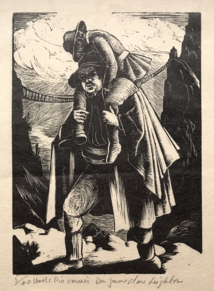 Uncle Pio Carrying Don Jaime (illustration for The Bridge of San Luis Rey by Thornton Wilder)
