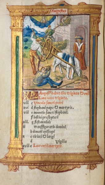 Printed Book of Hours (Use of Rome): fol. 9v, August calendar illustration