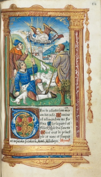 Printed Book of Hours (Use of Rome): fol. 36r, Annunciation to the Shepherds