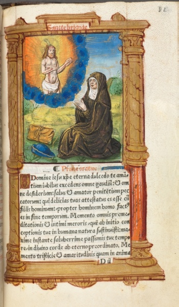 Printed Book of Hours (Use of Rome):  fol. 90r, St. Bridget in Prayer before an Apparition of Christ