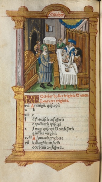Printed Book of Hours (Use of Rome): fol. 11v, October calendar page