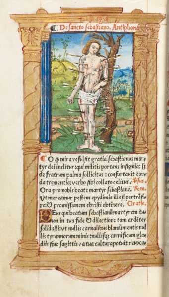 Printed Book of Hours (Use of Rome):  fol. 102v, St. Sebastian