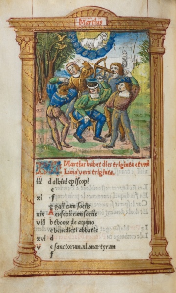 Printed Book of Hours (Use of Rome): fol. 4v, March calendar illustration