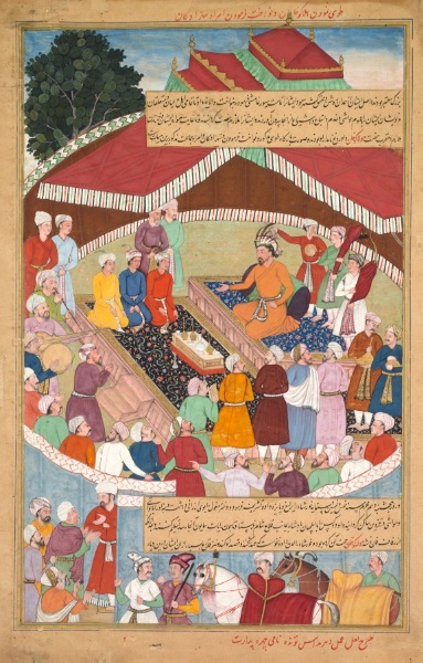 Hulagu Khan giving a feast and dispensing favor upon the amirs and princes, from a Chingiz-nama (Book of Chingiz Khan) of the Jami al-tavarikh (Compendium of Chronicles)