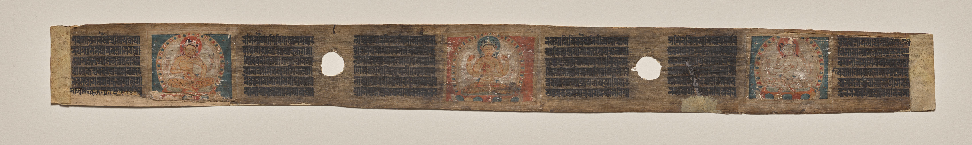 Prajnaparamita ﬂanked by two female ﬁgures, folio 1 (verso), from a Manuscript of the Perfection of Wisdom in Eight Thousand Lines (Ashtasahasrika Prajnaparamita-sutra)