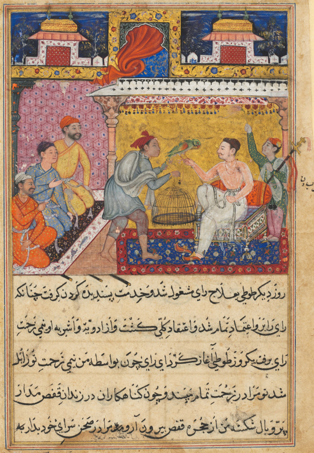 The hunter offers the mother parrot to the king of Kamarupa, from a Tuti-nama (Tales of a Parrot): Fifth Night