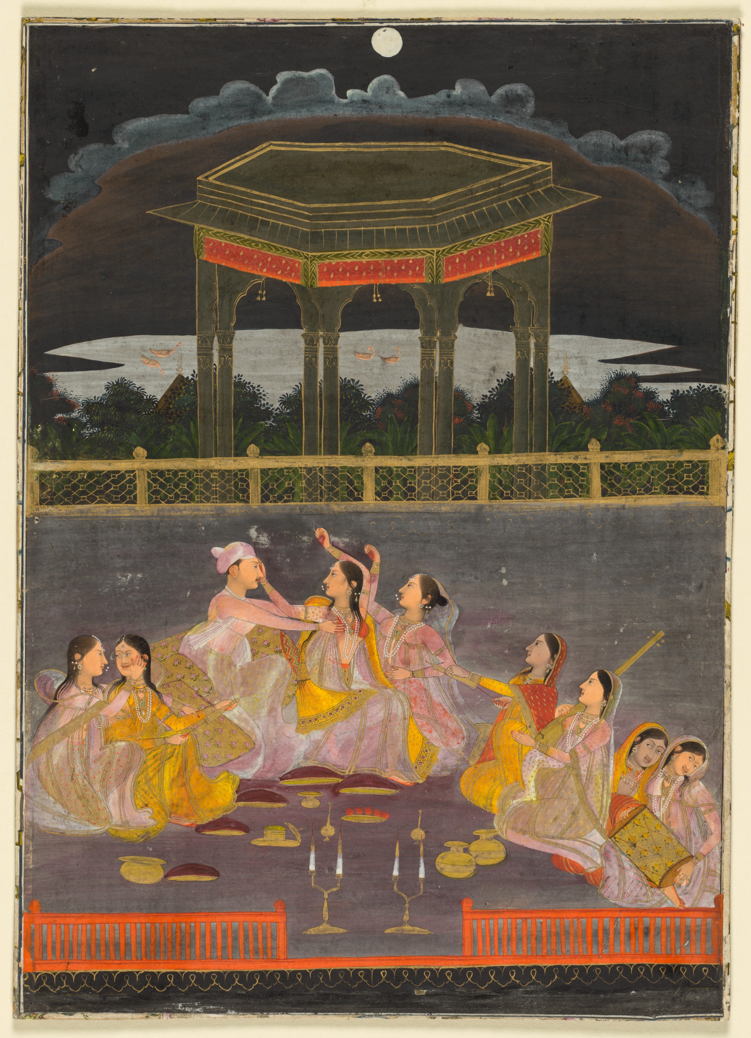 A prince celebrating Holi with palace women on a terrace at night (recto); calligraphy of a quatrain (verso)