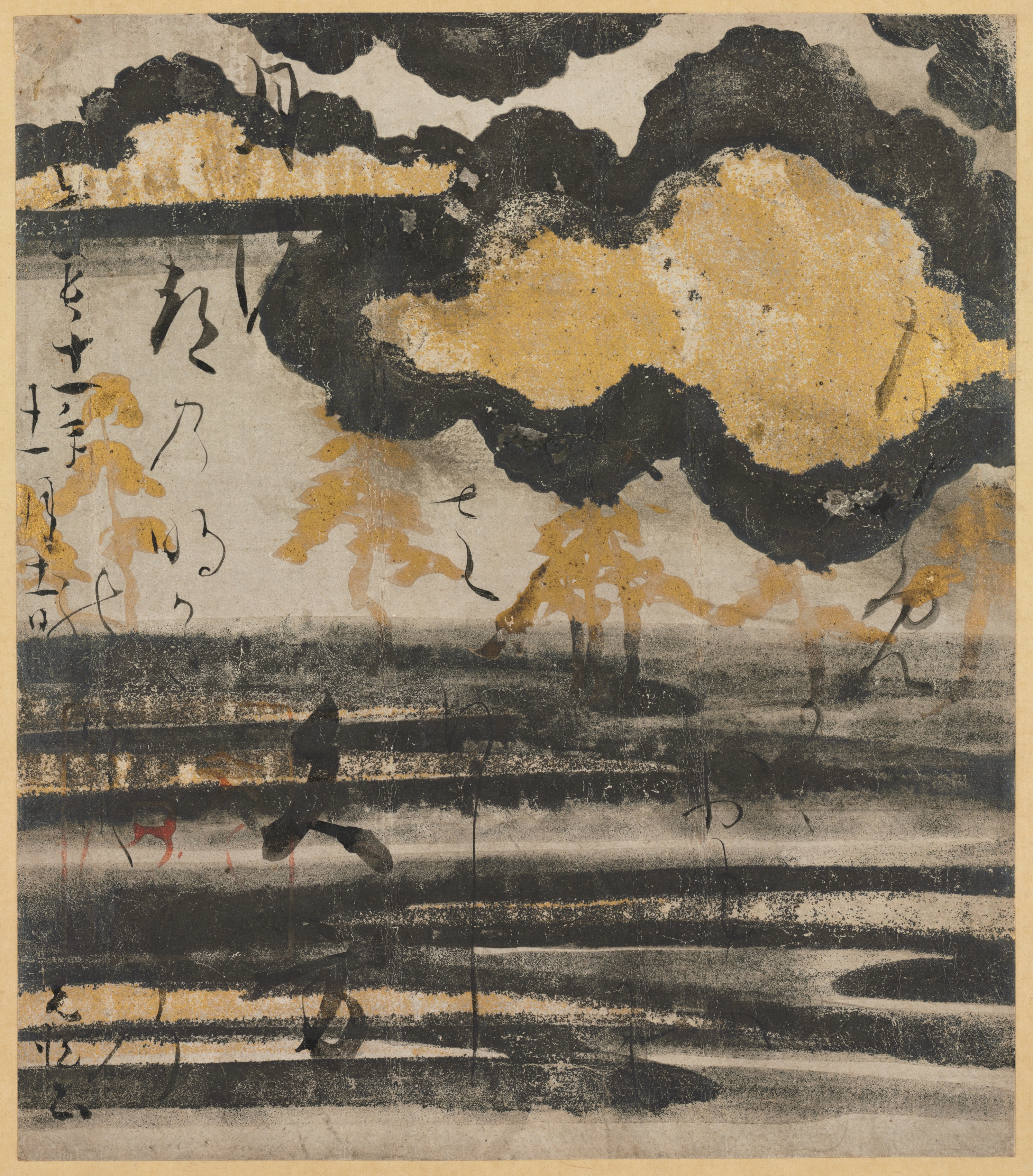 Poem-card from the Shinkokin wakashu (New Collection of Japanese Poems from Ancient and Modern Times) with Design of Pine on a Beach