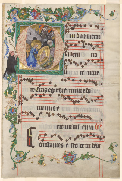 Bifolio from an Antiphonary: Historiated Initial O with the Nativity