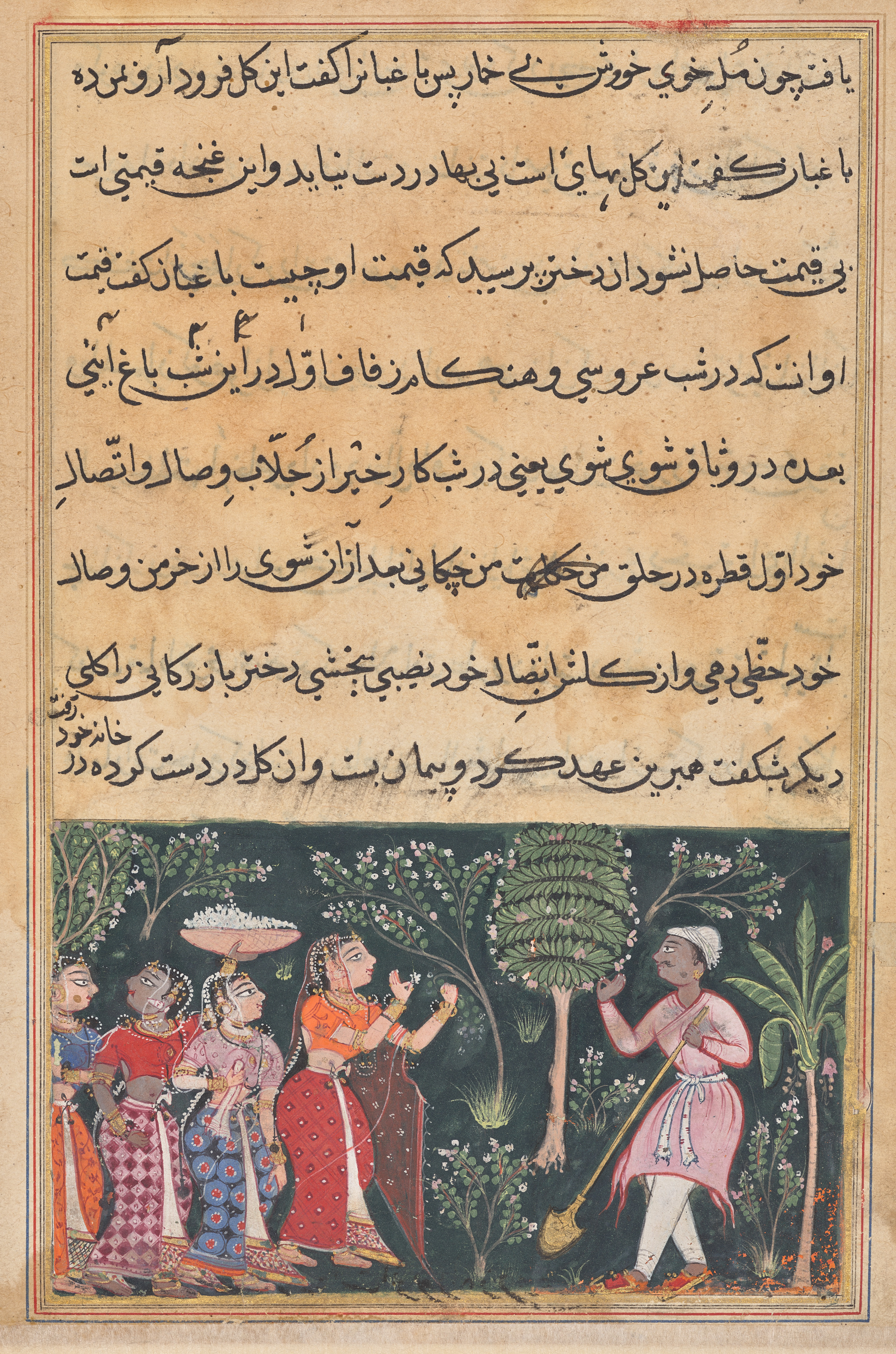 The daughter of the merchant of Mazanderan asks the gardener for the rose, from a Tuti-nama (Tales of a Parrot): Twelfth Night