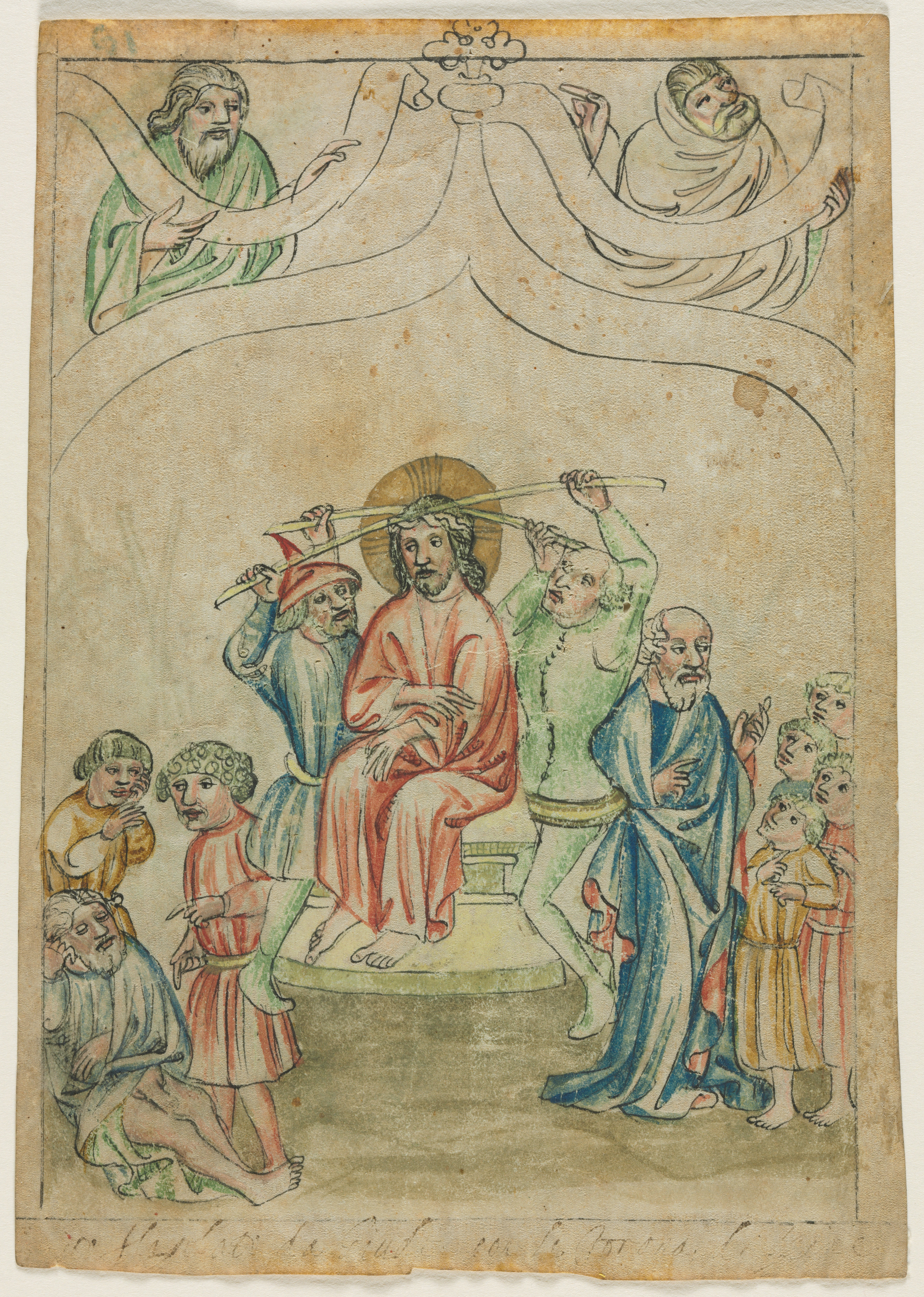 Single Leaf from a Biblia Pauperum: Christ Crowned with Thorns (recto)