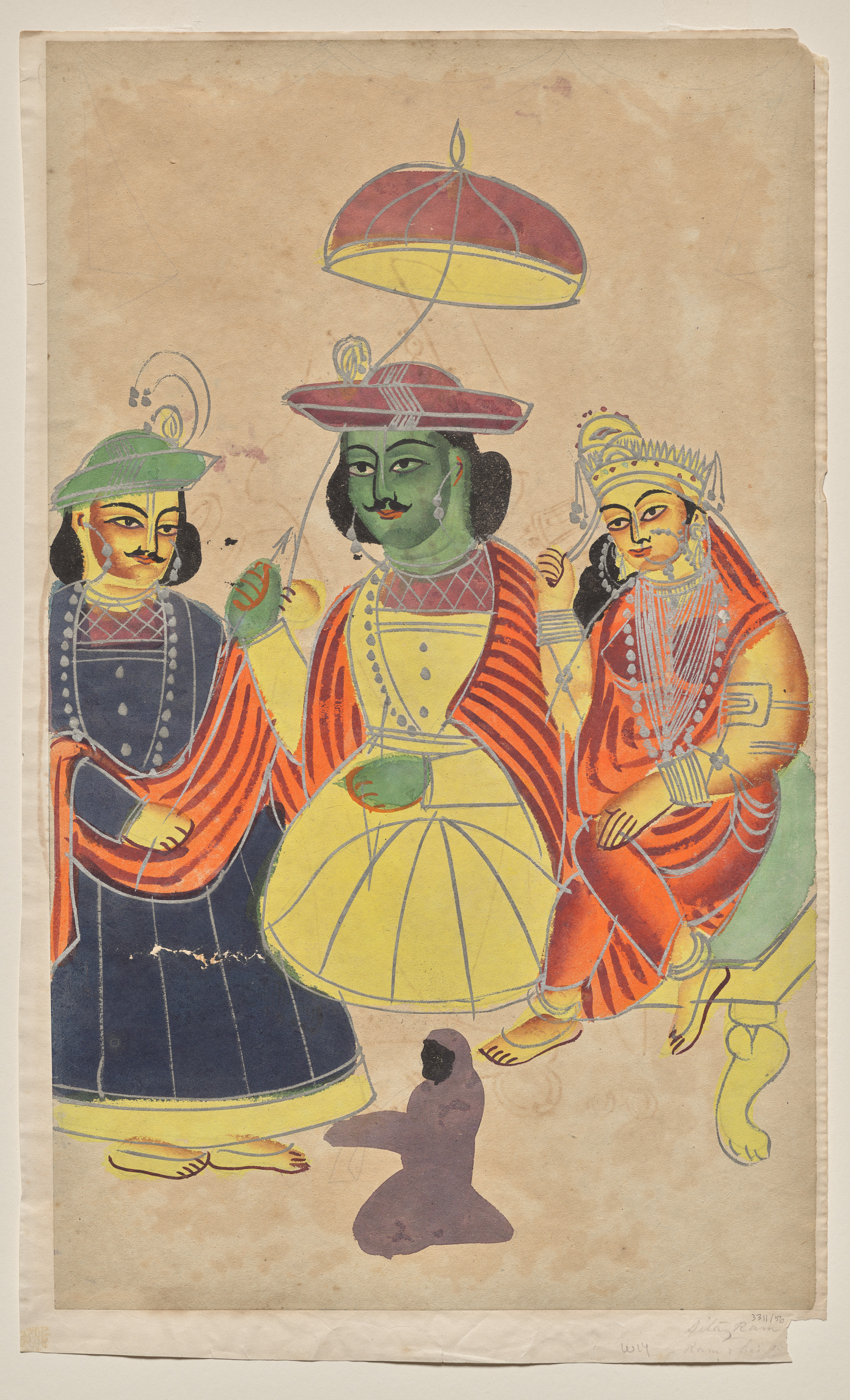 Rama and Sita enthroned with Lakshmana and Hanuman attending, from a Kalighat album