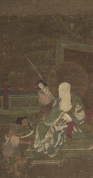 Seated Arhat with Two Attendants