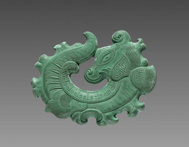 Box  with Ink Cakes:  Green Ink Cake in Shape of Coiled Dragon
