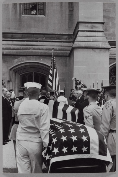 John Foster Dulles' flag covered coffin being carried to funeral service, Washington, D.C.